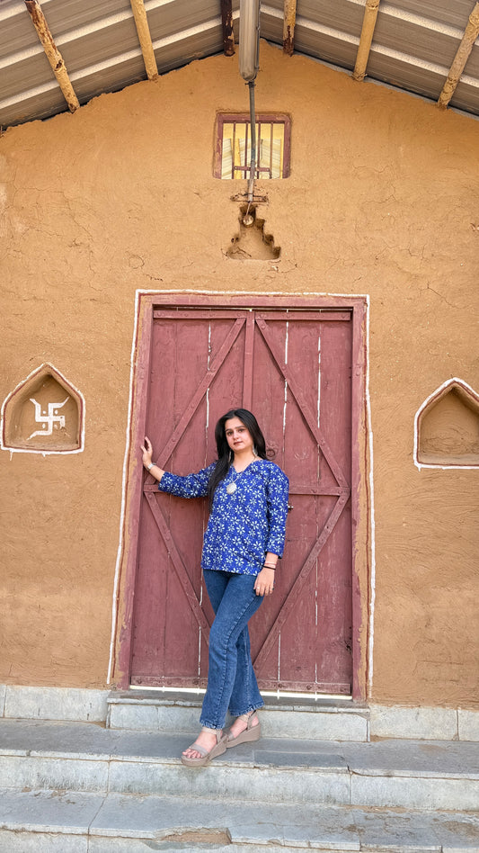 Casual Elegance: Blue Floral Rayon Kurti Top