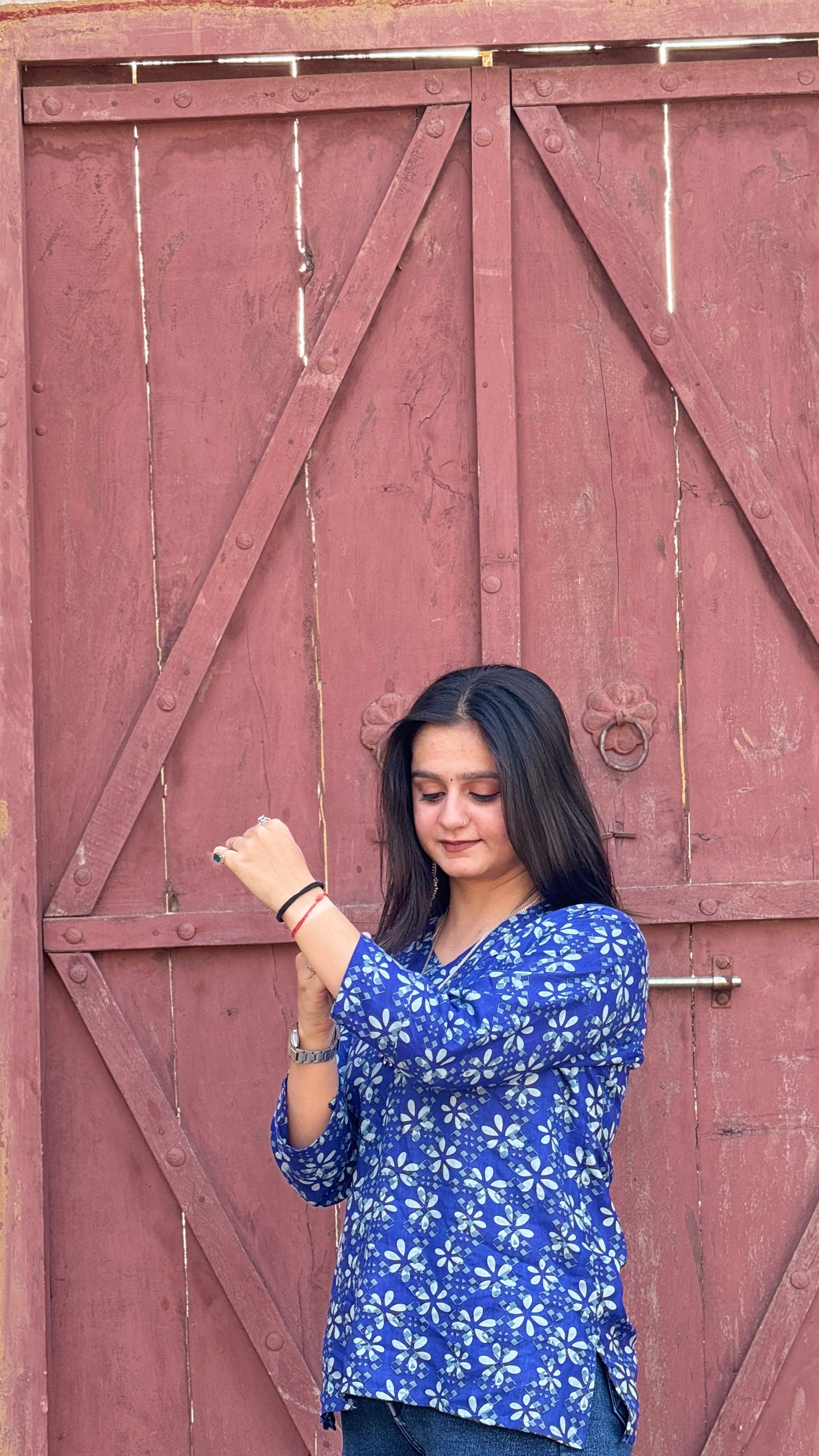 Casual Elegance: Blue Floral Rayon Kurti Top