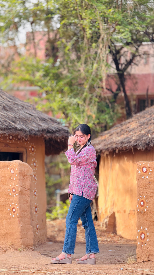 Pink Floral Rayon Kurti Top