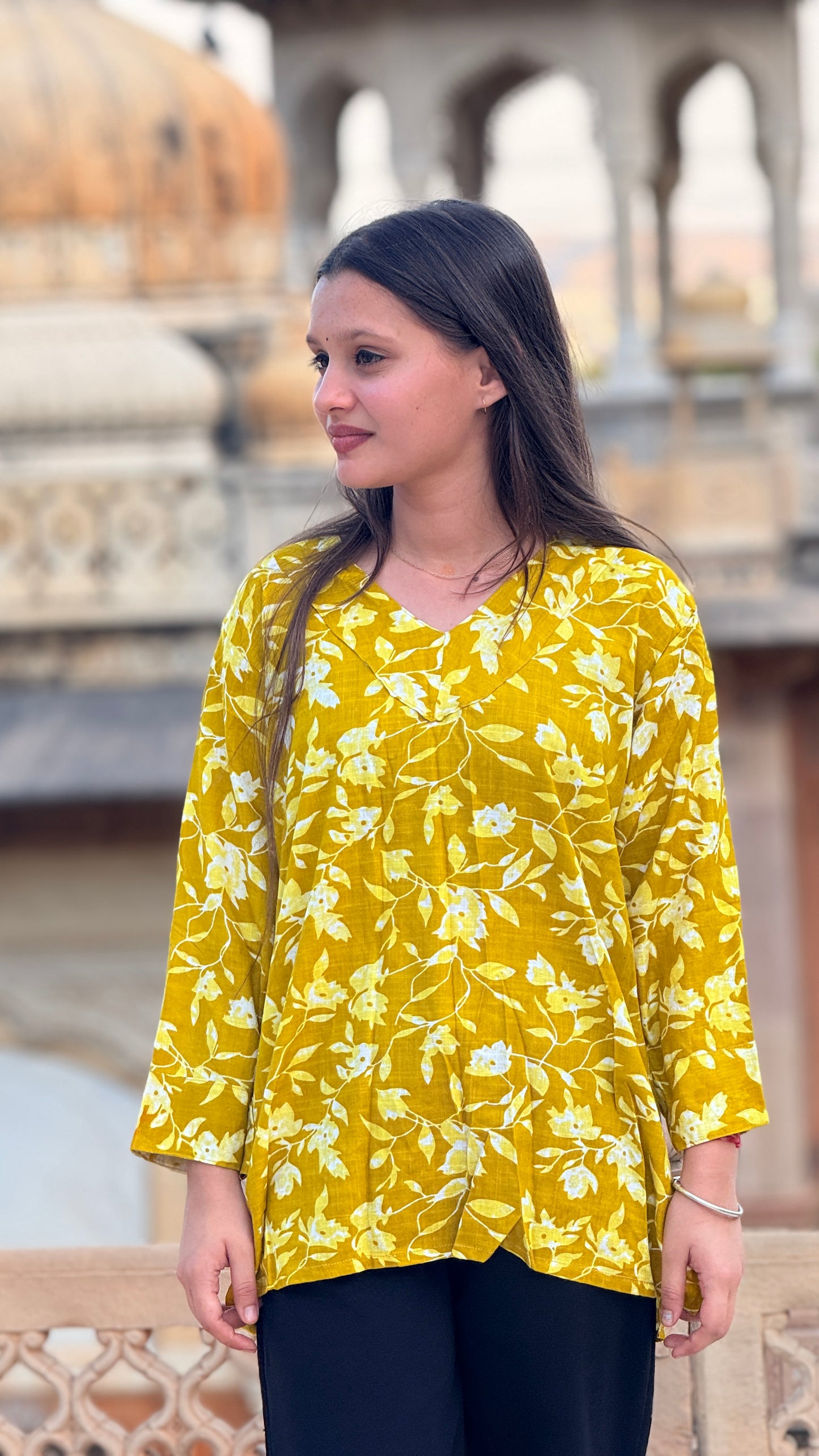 Yellow Floral Rayon Kurti