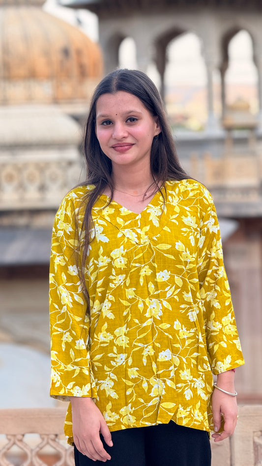 Yellow Floral Rayon Kurti