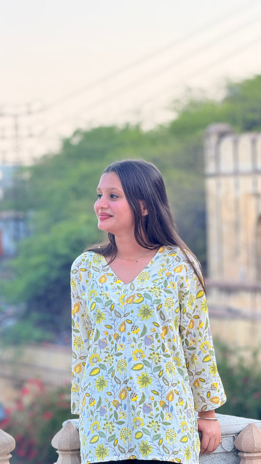 Yellow Floral cotton Kurti Top