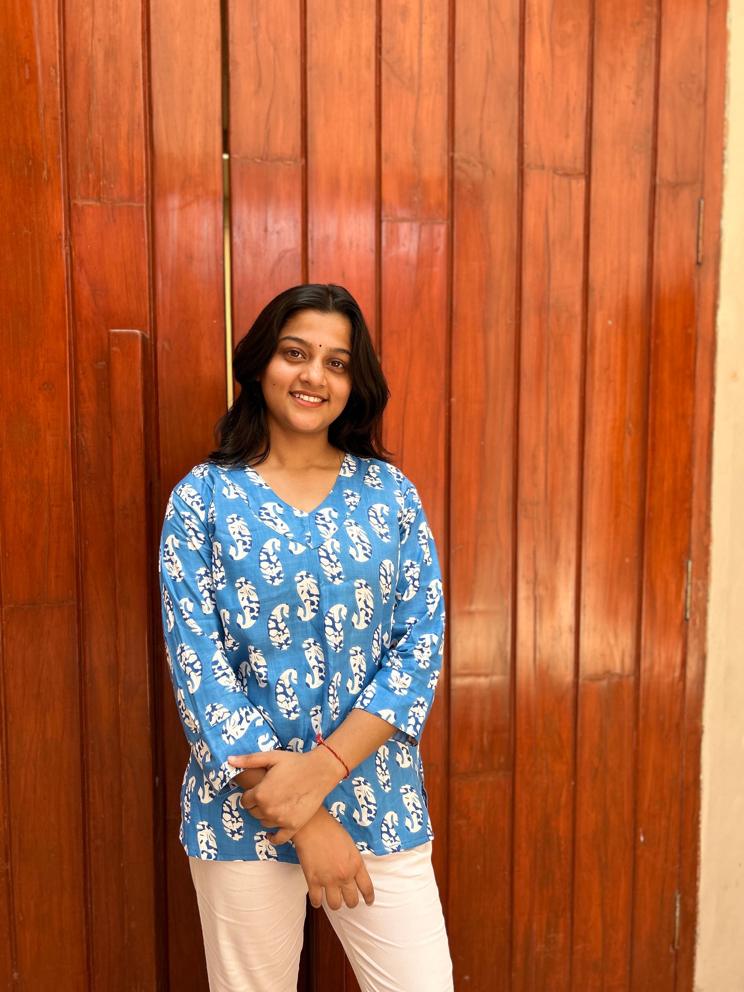 Casual Elegance: Blue Floral Rayon Kurti Top