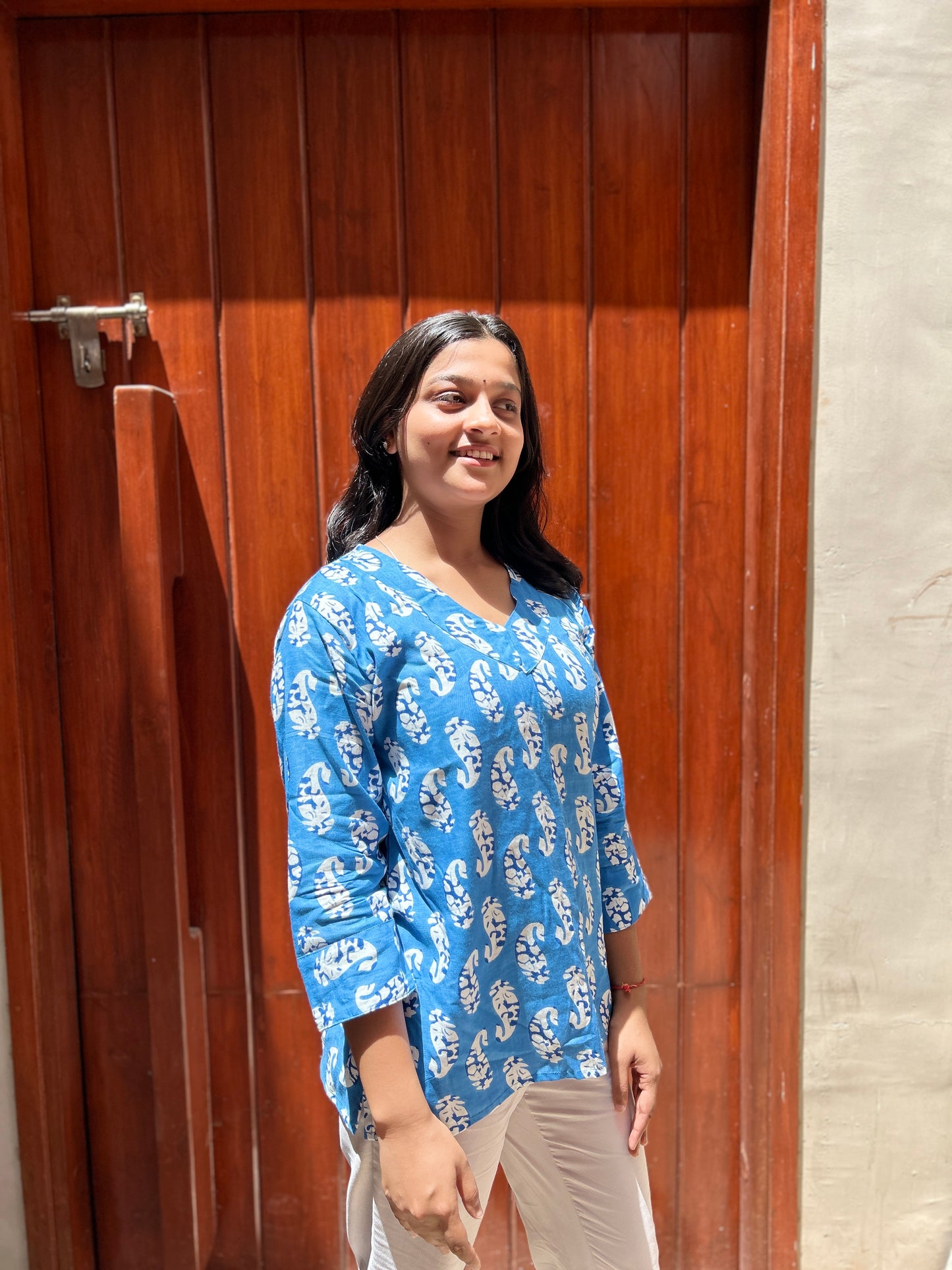Casual Elegance: Blue Floral Rayon Kurti Top