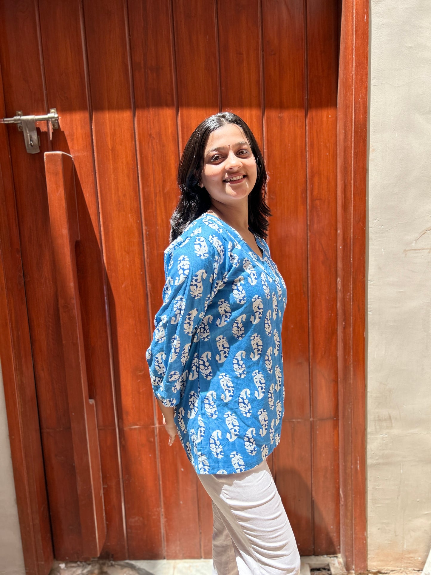 Casual Elegance: Blue Floral Rayon Kurti Top