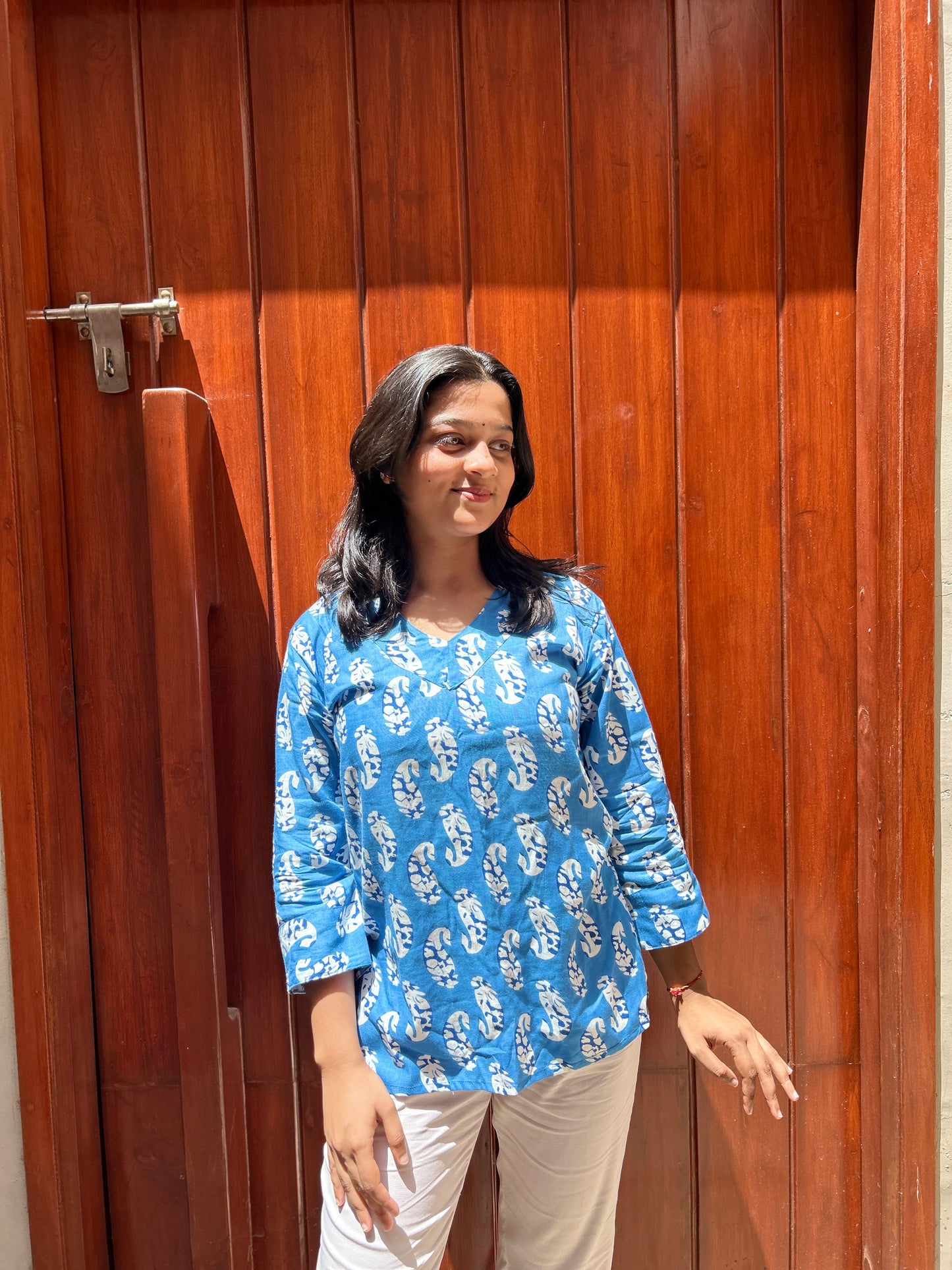 Casual Elegance: Blue Floral Rayon Kurti Top