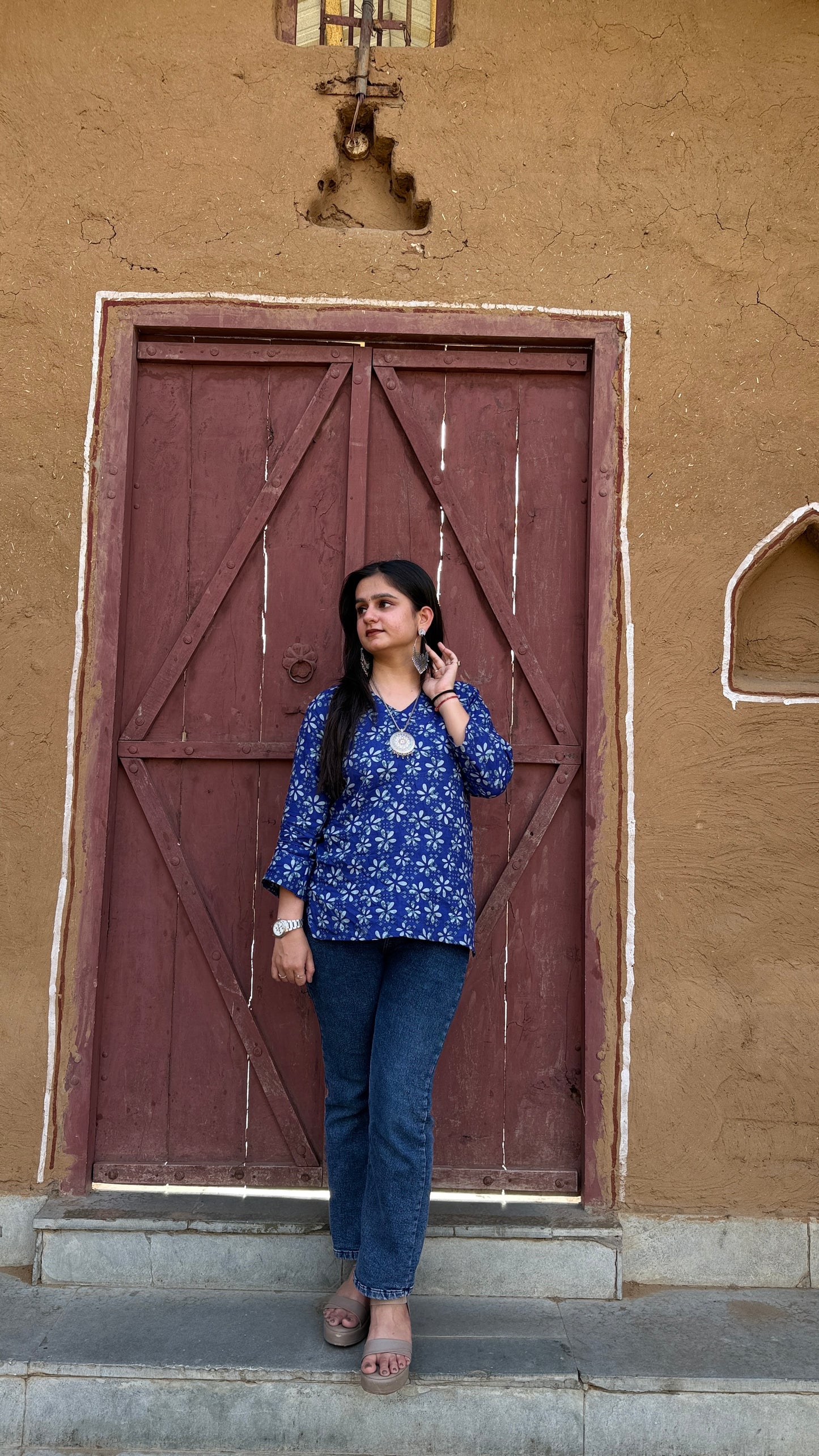 Casual Elegance: Blue Floral Rayon Kurti Top