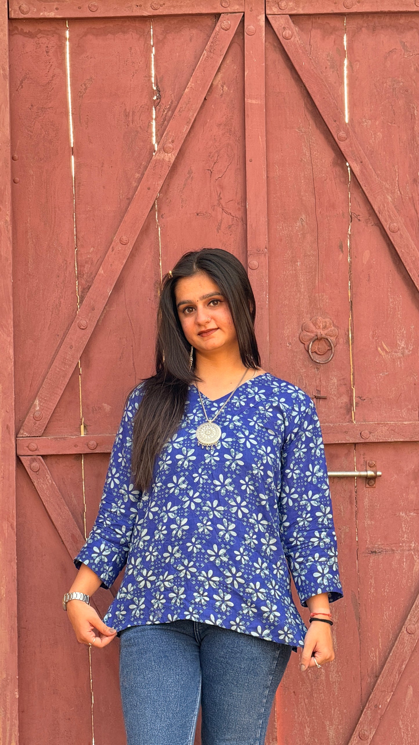 Casual Elegance: Blue Floral Rayon Kurti Top