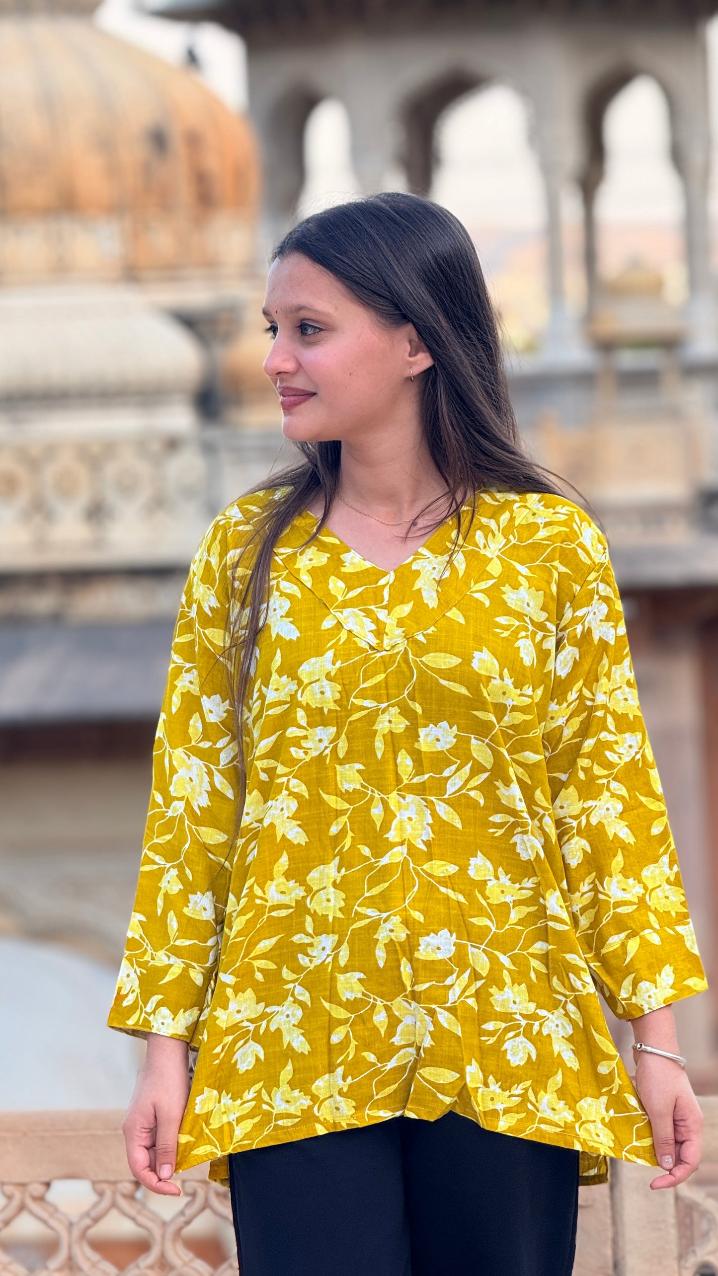 Yellow Floral Rayon Kurti