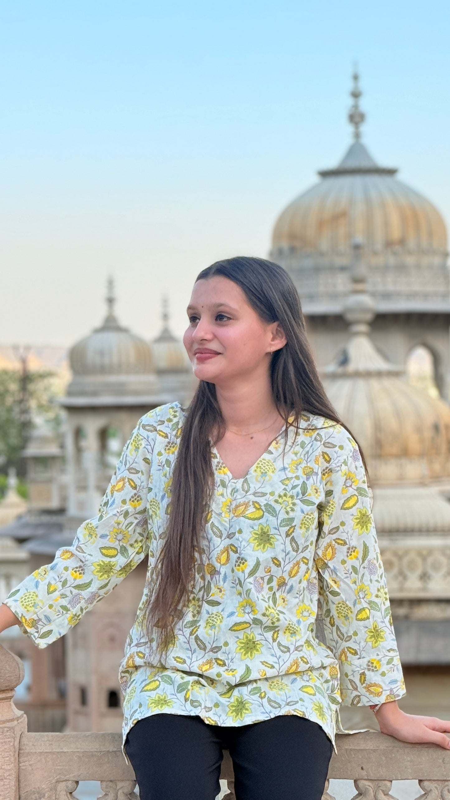 Yellow Floral cotton Kurti Top