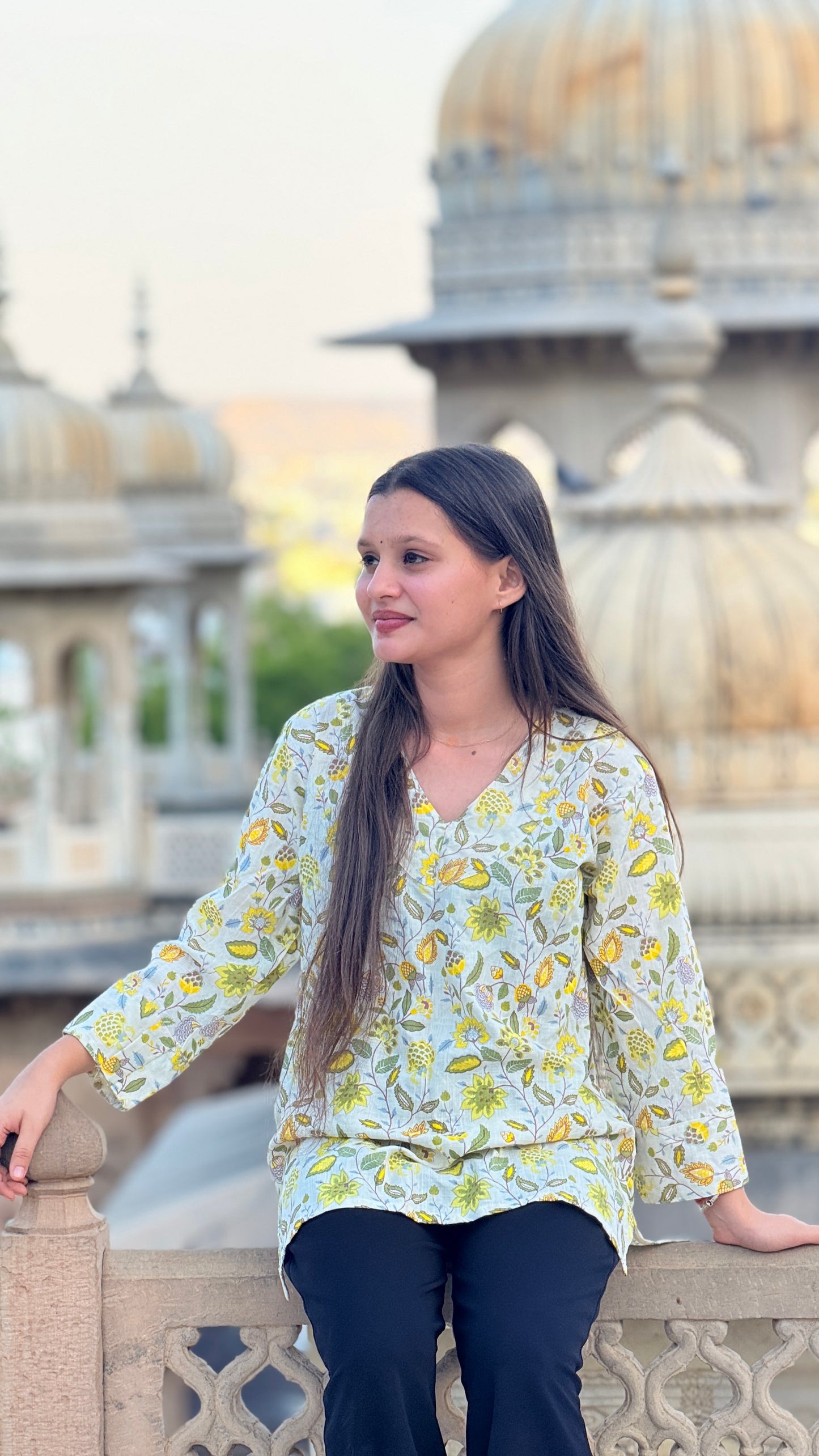 Yellow Floral cotton Kurti Top