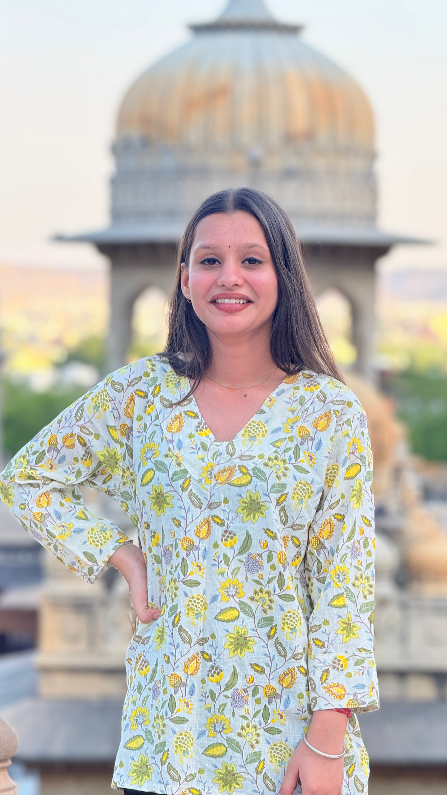 Yellow Floral cotton Kurti Top